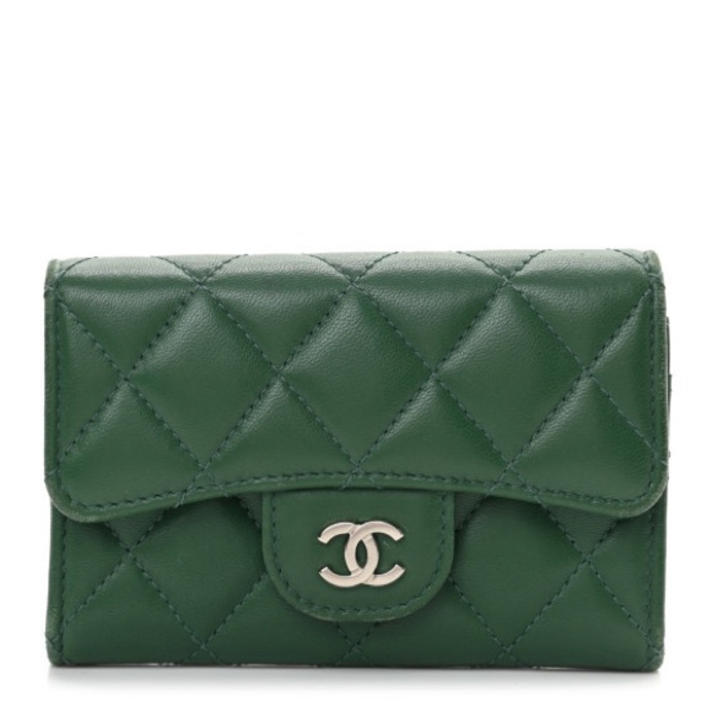 Green Chanel Lambskin Quilted Flap Card Holder Wallet